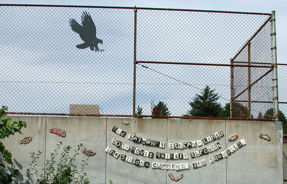  Graham Hill Elementary School, Seattle, WA – Salmon cycle: Poem Line, high fire ceramic, each tile approximately 6” x 6” x 1” :: 2004.  Poem line and eagle. The poem allowed the children to imagine the life of the salmon not just as a series of stag