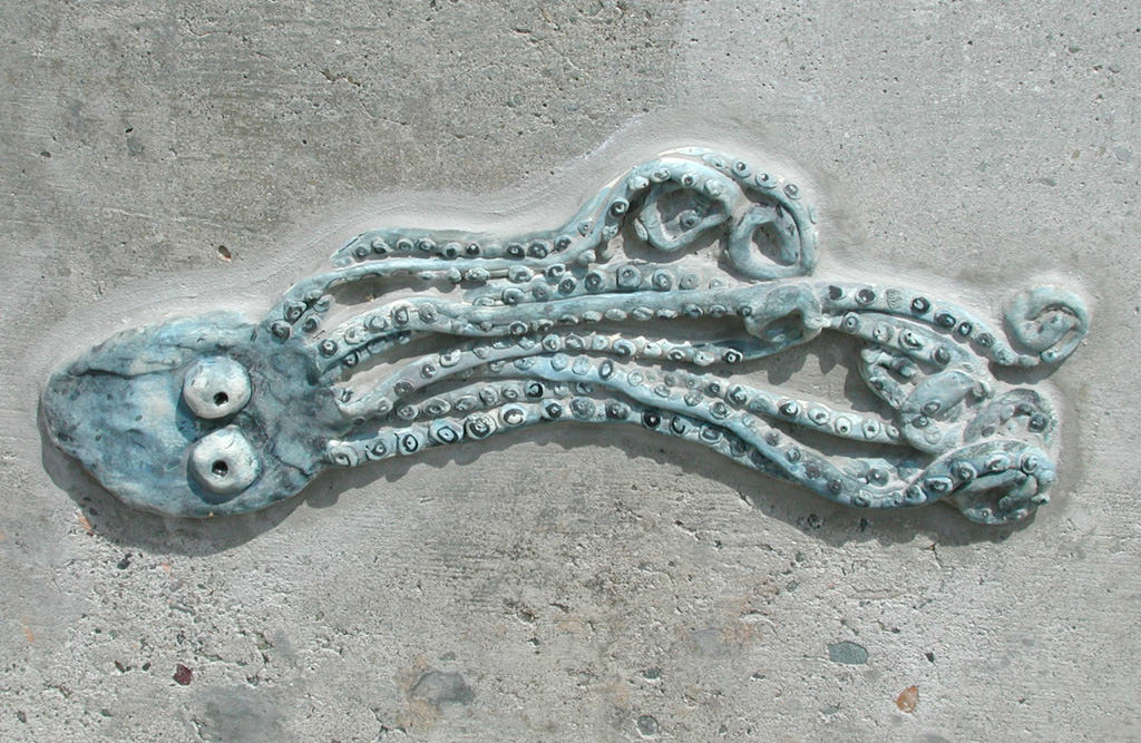 Graham Hill Elementary School, Seattle, WA – Salmon cycle: Octopus school, high fire ceramic, approximately 12” x 6” x 1“ :: 2004.  Single octopus. This one may look a little surprised because it has nine legs. 