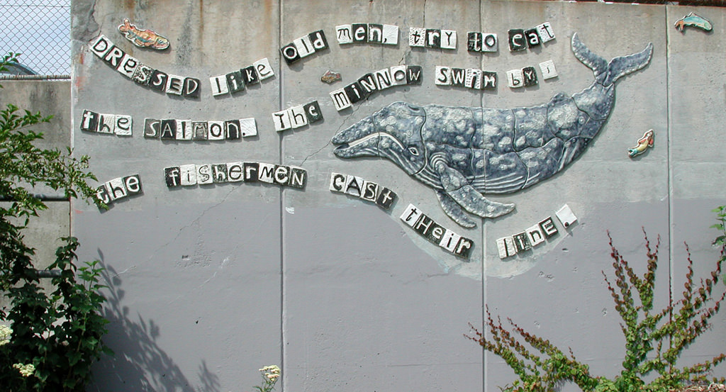  Graham Hill Elementary School, Seattle, WA – Salmon cycle: Poem Line, high fire ceramic, each tile approximately 6” x 6” x 1”, whale is approximately 5’ x 3’ x 1” :: 2004.  Whale and poem line. Julia made the whale. It wasn’t really part of the salm