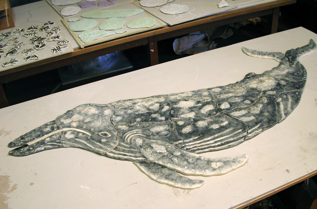  Graham Hill Elementary School, Seattle, WA – Salmon cycle: Teaching component :: 2004.  Whale with stain before firing and glazing, When we made elements for the installation ourselves, we tried to do so where the students and teachers could watch t