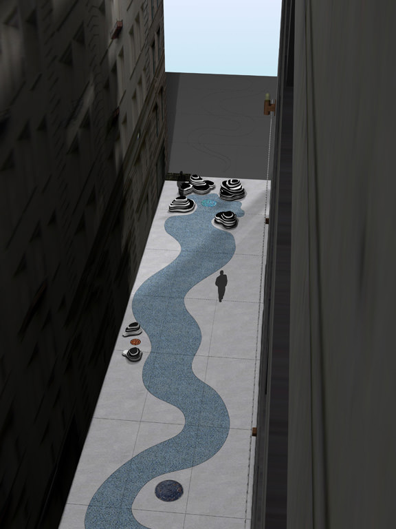  The Commons, downtown Kansas City :: 2012.  Looking down the alley towards Baltimore Avenue from above, design rendering. The sinuous line of the paving design interrupts the rectilinear space and suggests a different pattern of movement through it.