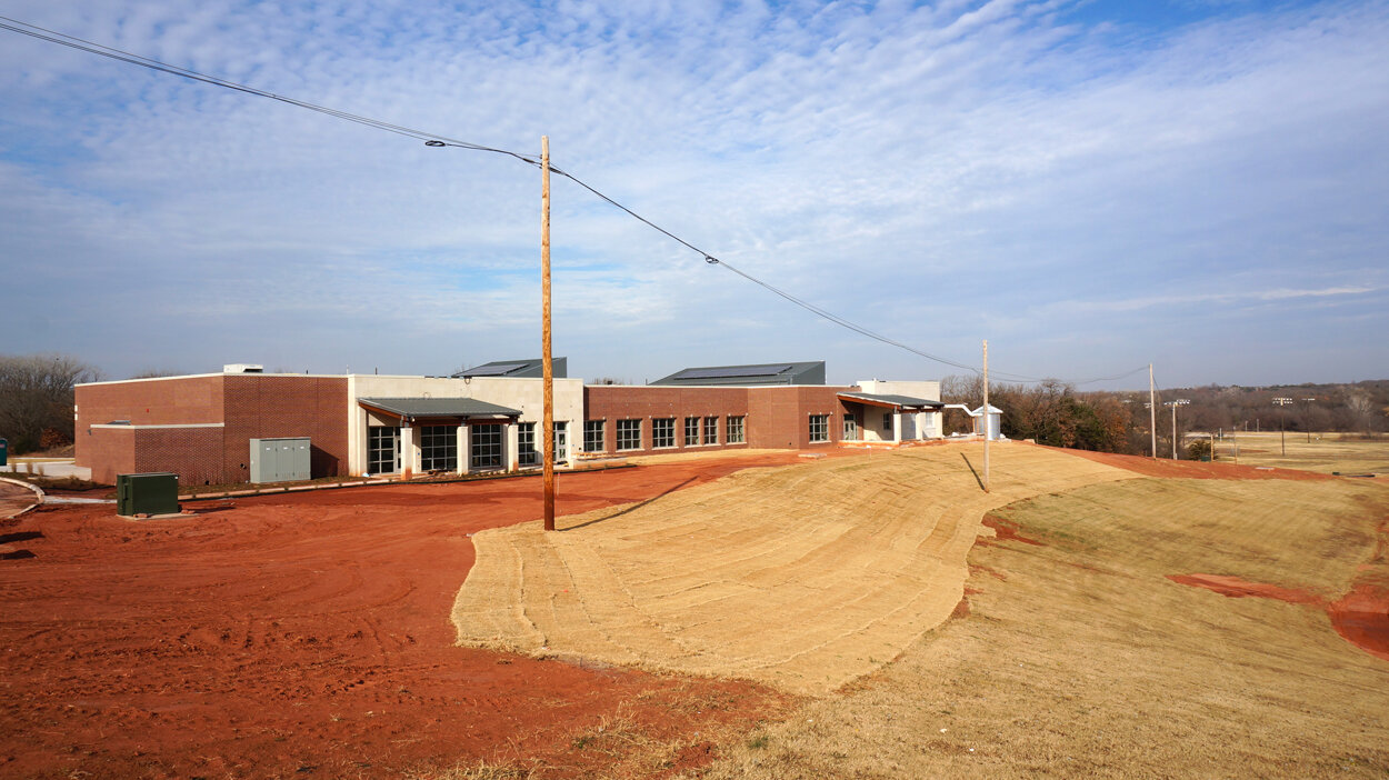  Coffee Creek Ripple Effect, Water Resource Recovery Facility, Edmond, OK :: 2018.  At the rear of the building (seen here in the construction phase) a covered terrace overlooks the treatment plant. When construction is completed on the infrastructur