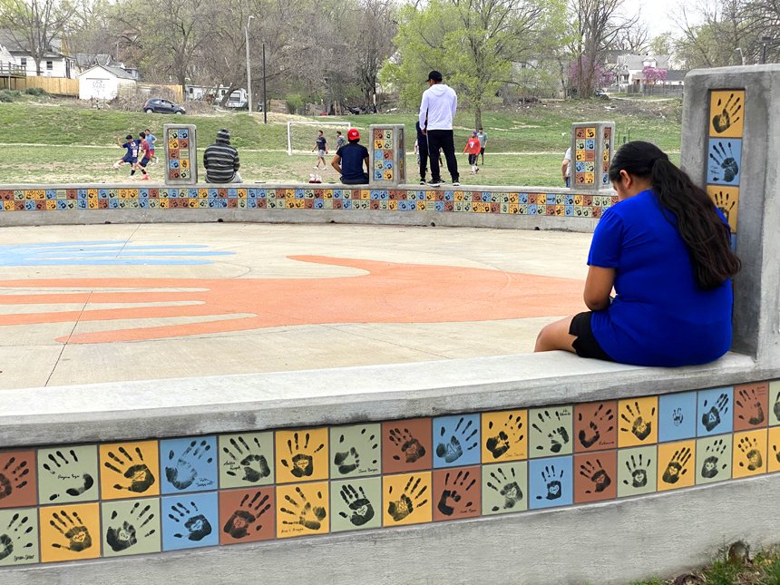 Mutual Aid, Lykins Square Park, East 8th Street and Norton Ave, Kansas City, MO :: 2024 For the final design, we worked with Kansas City Landscape Architects Plaid Collaborative (Rick Howell), to create a circular central plaza with bench-style c