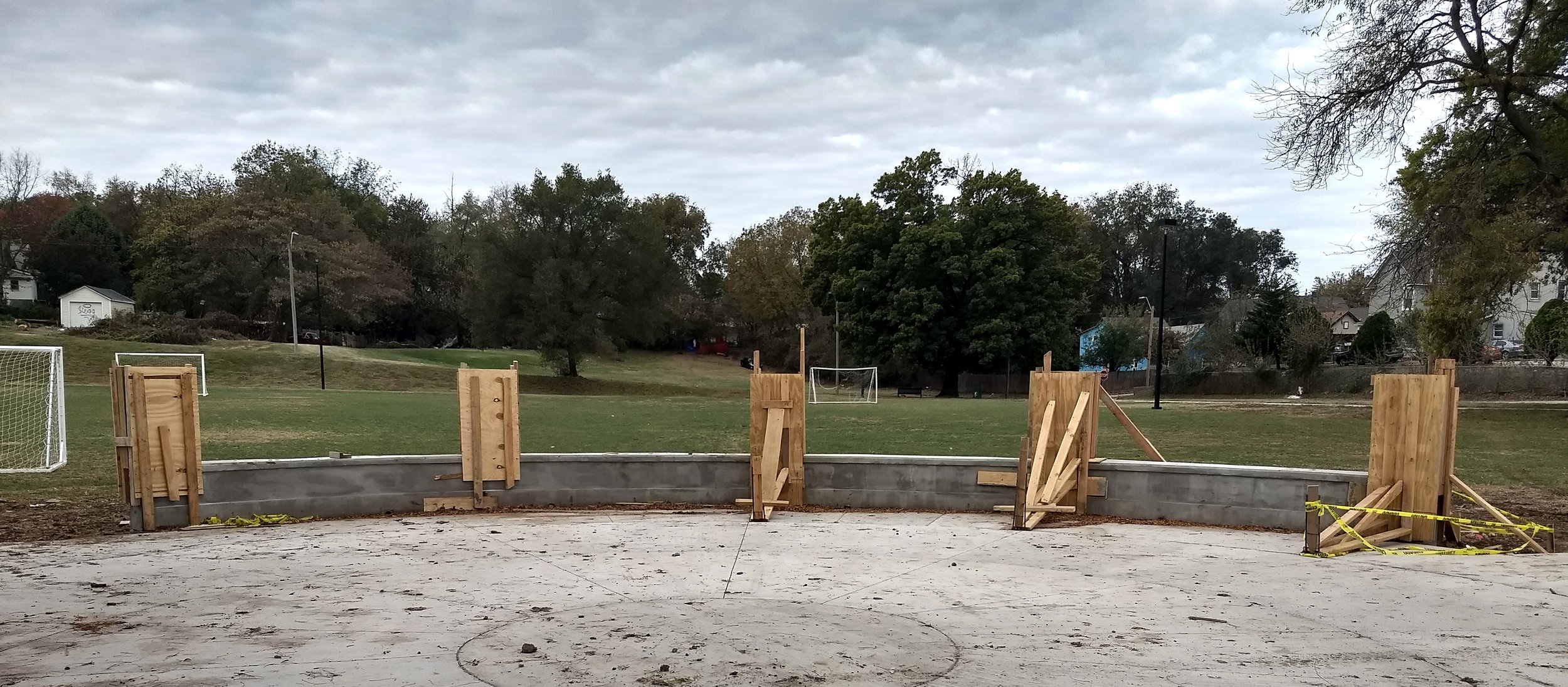 Mutual Aid, Lykins Square Park, East 8th Street and Norton Ave, Kansas City, MO :: 2024 Formwork was then built for the short columns separating smaller seating areas.