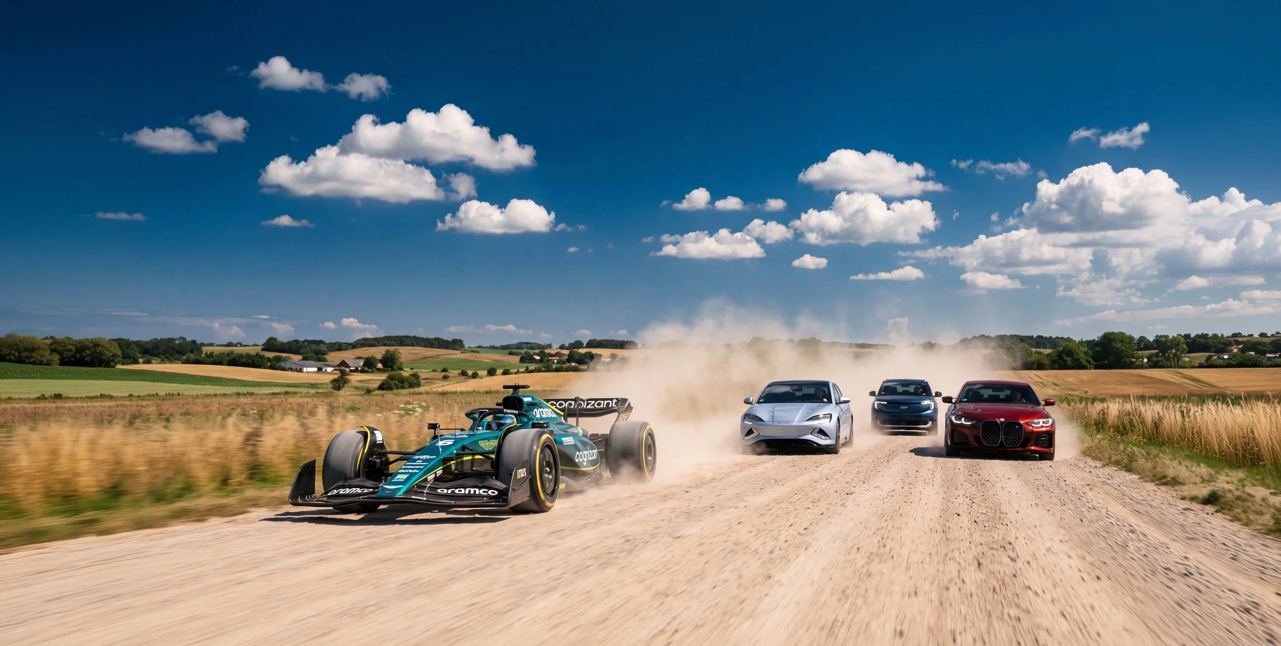 Motiv: Aston Martin F1, BYD SEAL, Ford Explorer og BMW i4M. Skabt med: Blender | V-Ray | Photoshop | AI