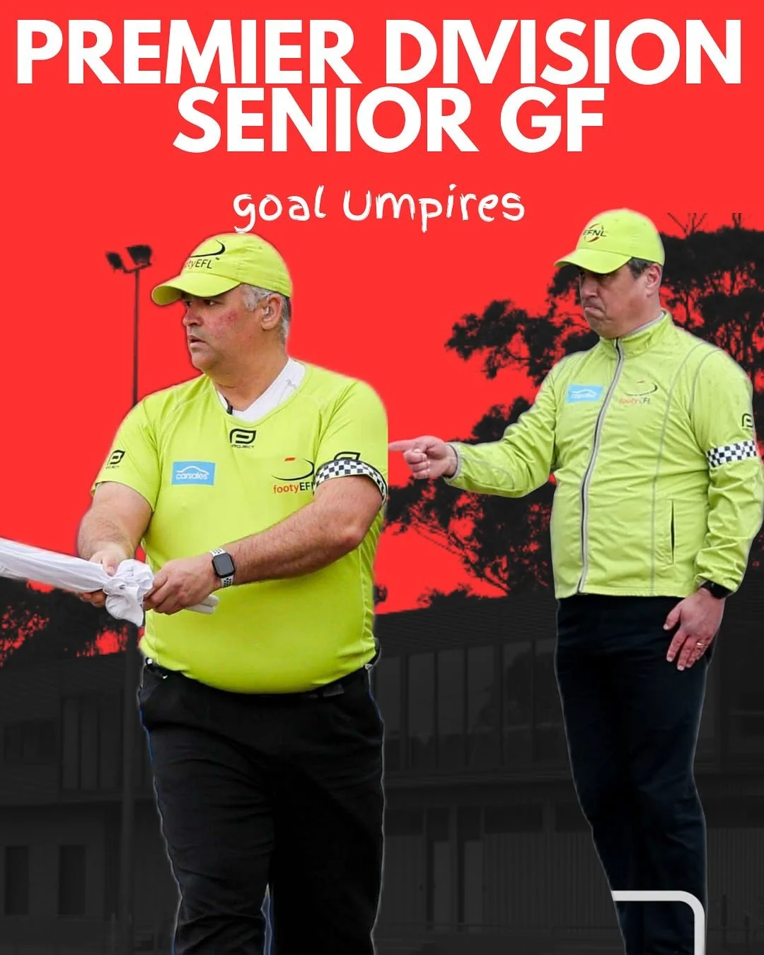 👏 Congratulations to our Premier Division Senior Grand Final Goal Umpires!

David Parker: 7th Premier Division Grand Final (2006, 2013, 2016, 2019, 2023, 2024, 2025)

Andrew Wastie: 2nd Premier Division Grand Final (2014, 2025)

Signal and wave well
