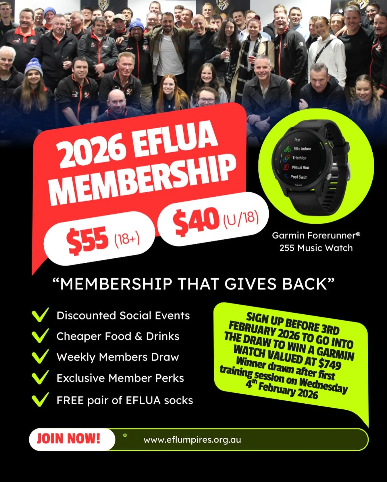 WIN A GARMIN WATCH.
EFLUA memberships for 2026 are now available to purchase. 
Link in bio.
#memebershipthatgivesback