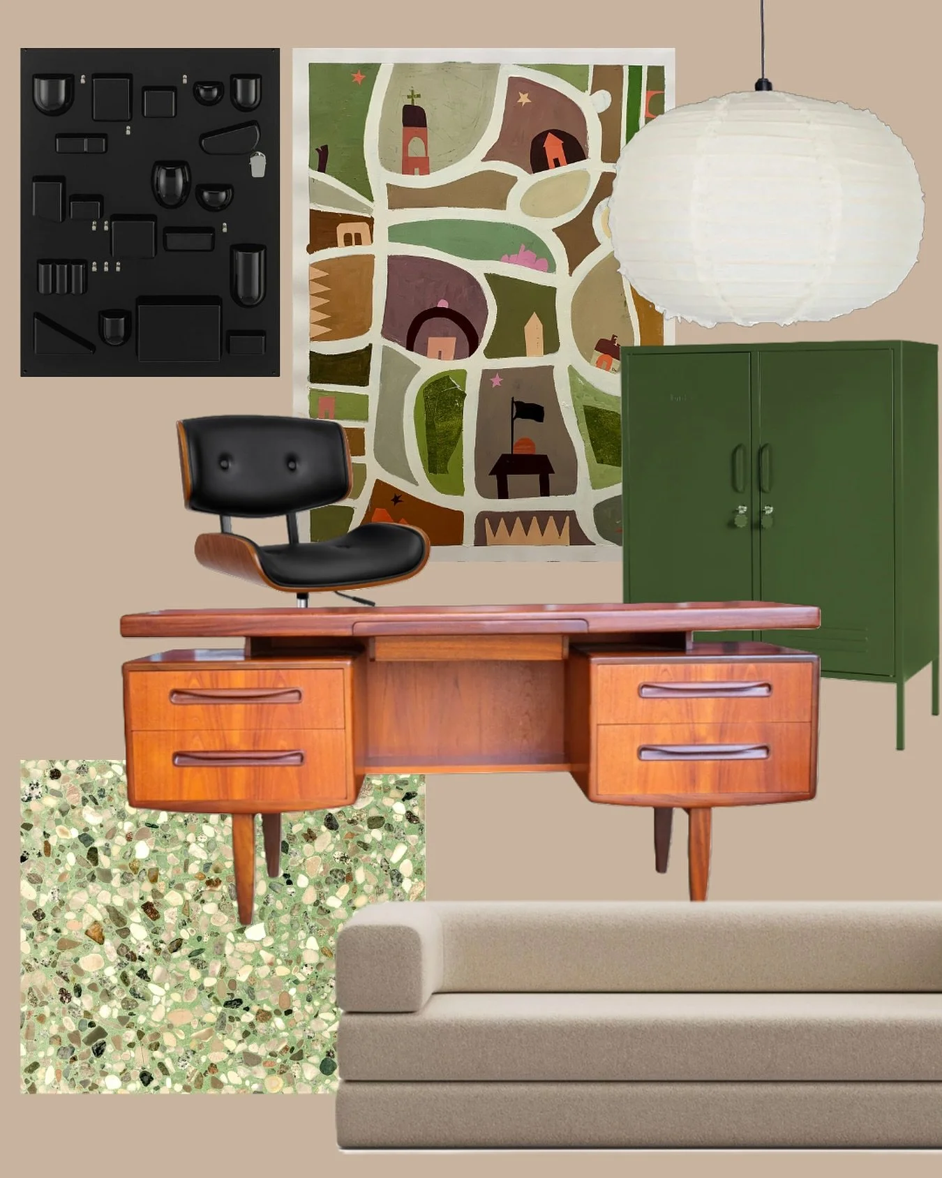 It&rsquo;s #moodboardmonday and the internet&rsquo;s been real sloooww&hellip;thought it was going to have to be moodboardtuesday
.
Artwork by @lindi.forde
Wall colour: Puddle from #duluxcolourforecast2026 
Image credits: per tags
.
#hausmadeinterior