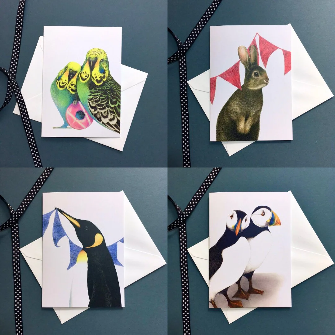 Budgies Rabbit Penguin Puffins Greetings Card set.jpeg
