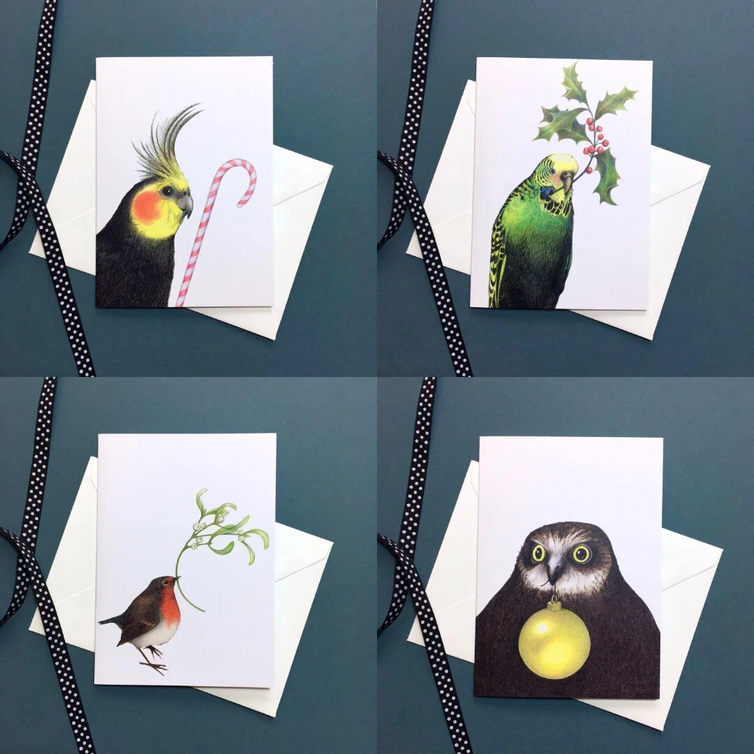 Cockatiel Budgie Holly Robin Mistletoe Owl Bauble Greetings card set.jpeg