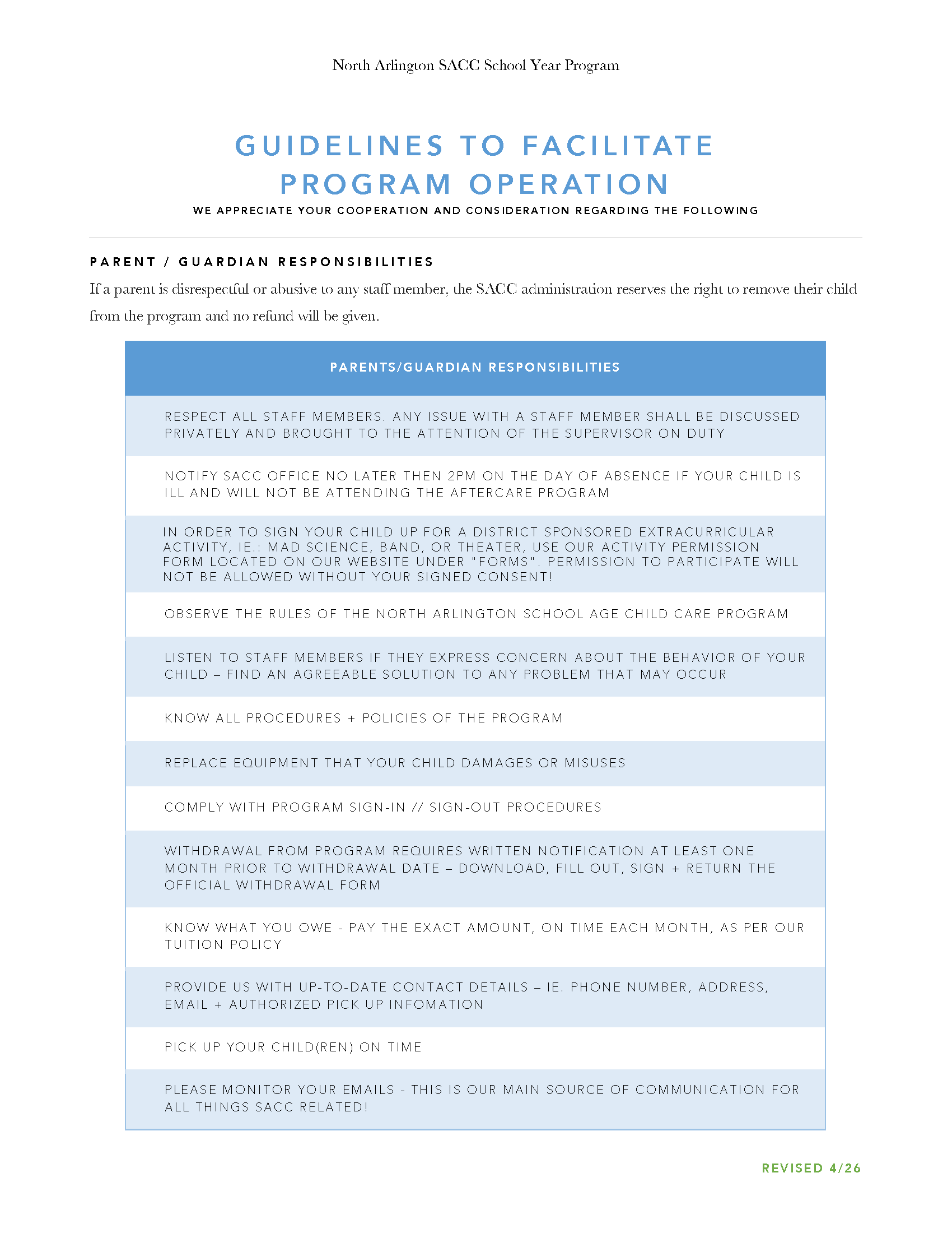 Guidelines to Facilitate Program Operation: Parents
