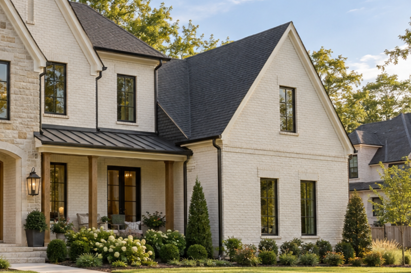 White brick house with black roof and windows, front porch with seating and landscaping with bushes and trees, under a blue sky.