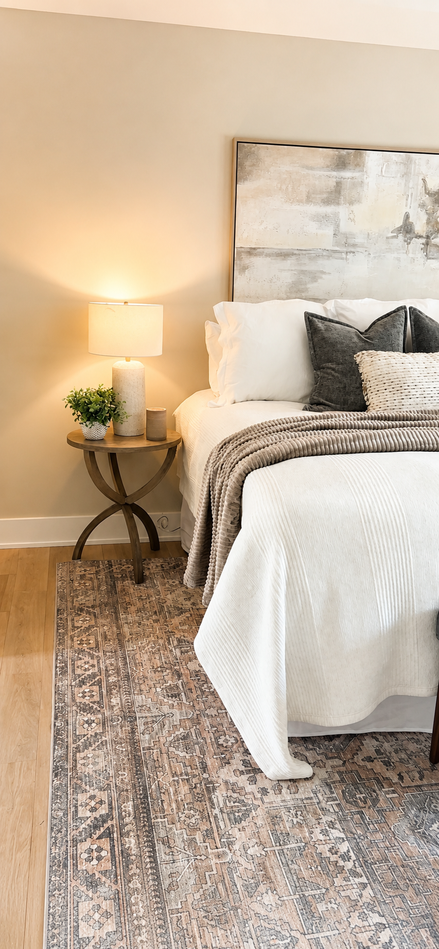 A cozy bedroom corner featuring a wooden nightstand with a white lampshade, a small potted plant, and two candles. The bed has white bedding, dark gray and textured pillows, and a beige chunky knit throw. There is an abstract art piece above the bed, a patterned area rug on a wooden floor, and a beige wall behind.