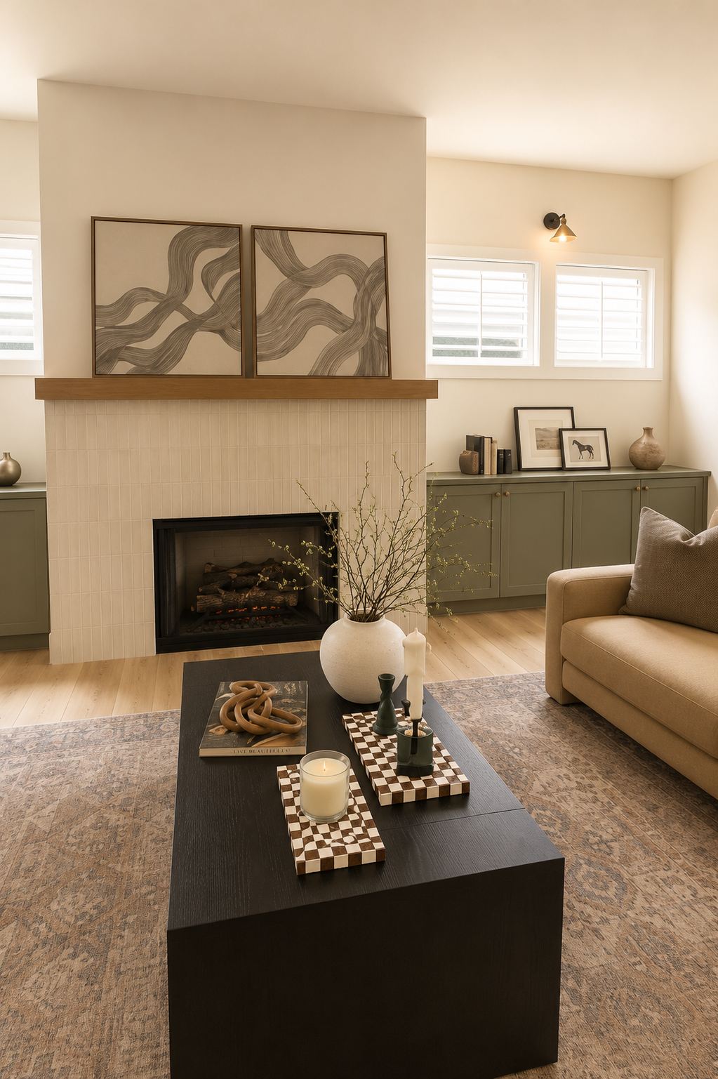 Living room featuring a beige sofa, black coffee table with decorative items, a white vase with branches, a fireplace with two abstract art pieces above, and a sideboard with framed photos and decorative objects. Soft natural light filters through window shutters.