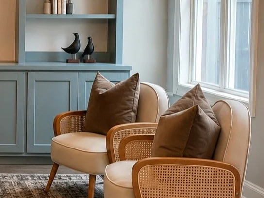 Living room with two beige chairs with wooden armrests and cushions, a blue cabinet with decorative objects, and a window letting in natural light.