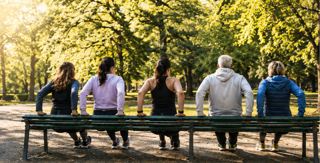 Gruppo di allenamento ai Giardini di Porta Venezia durante esercizi di forza e movimento utilizzando una panchina dei giardini.