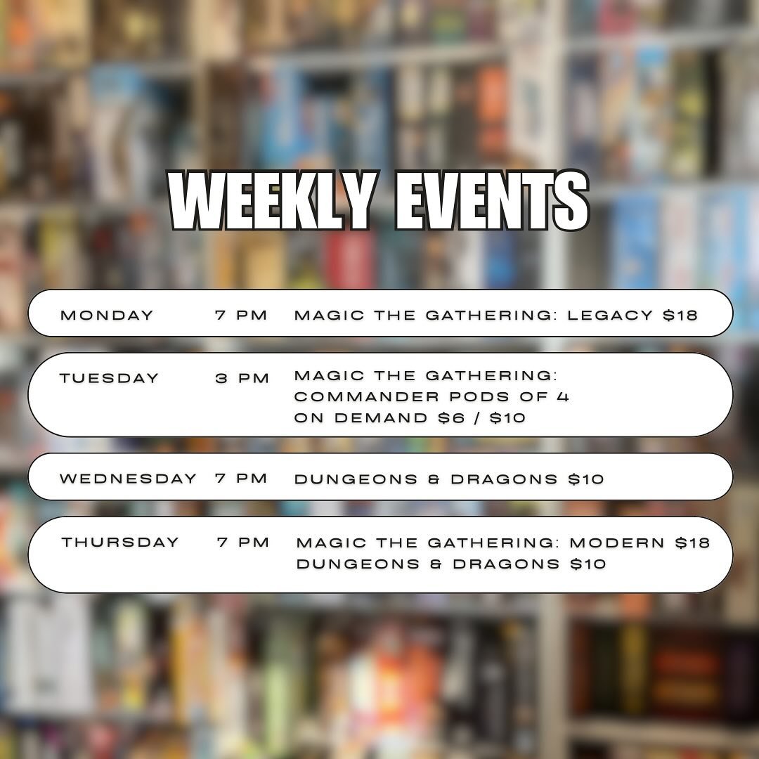 Back to our regular schedule with some upcoming events! 👀
.
Aside from our usual, we&rsquo;ve got a few upcoming events of note.  Our monthly Legacy tournament is May 4th and our Pioneer RCQ on May 11th.  Sign ups for all of our events can be found 