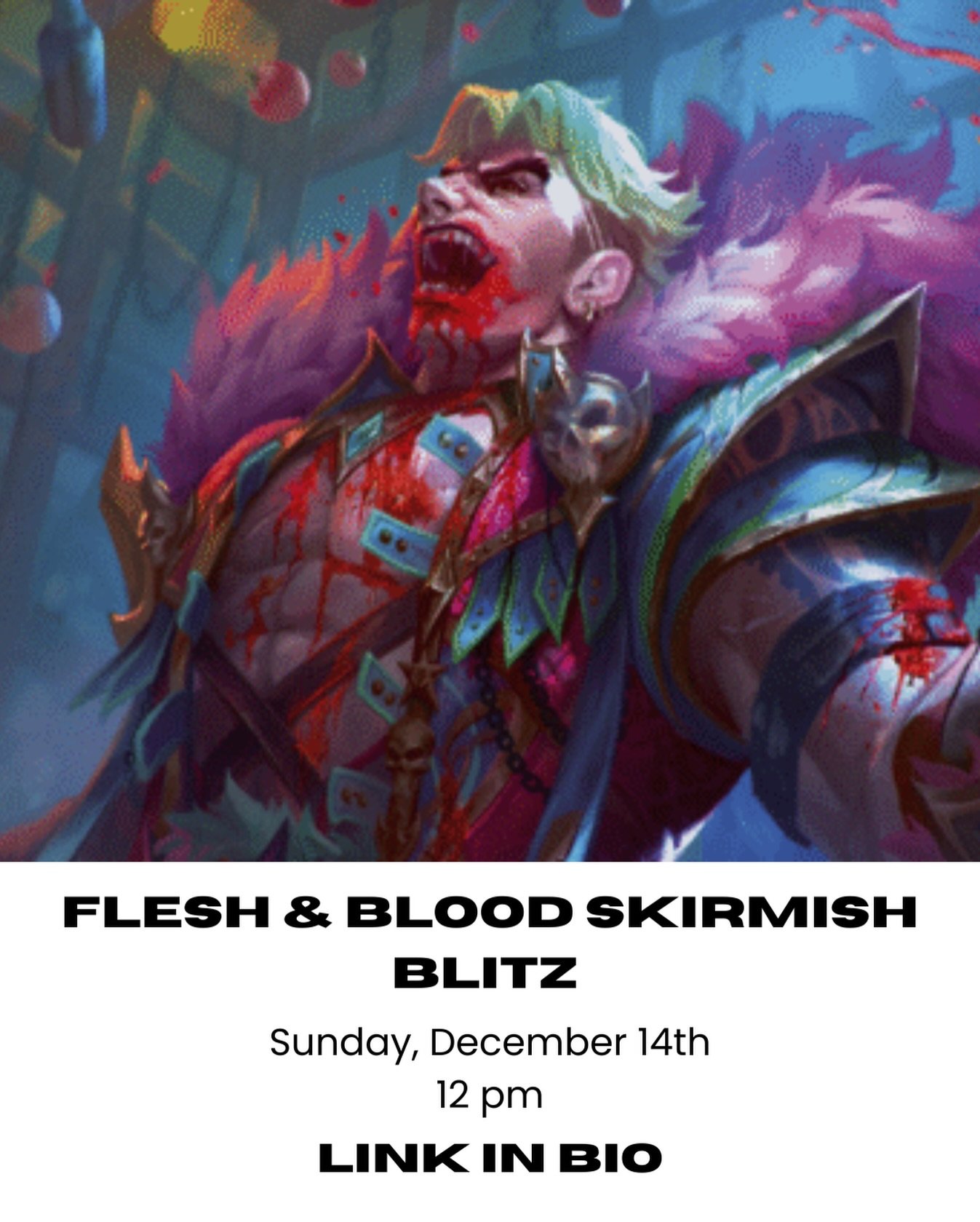 The arena is open ⚔️
&bull;
&bull;
&bull;
Next Sunday, December 14th, is our #fleshandbloodtcg Blitz skirmish!  Sign ups are live and we&rsquo;ll be awarding 3 packs per player on top of Blitz prizing!  Do you have what it takes to come out on top?  