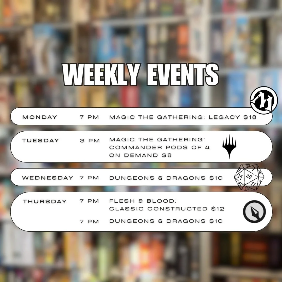 Weekly Schedule 12/8 - 12/14 🗓️
&bull;
&bull;
&bull;
Thank you to everyone who participated in the #shopsmallretailcrawl this holiday season 🎁 this weekend we&rsquo;re wrapping up our Commander League so come pick up your prizing and we&rsquo;ve go