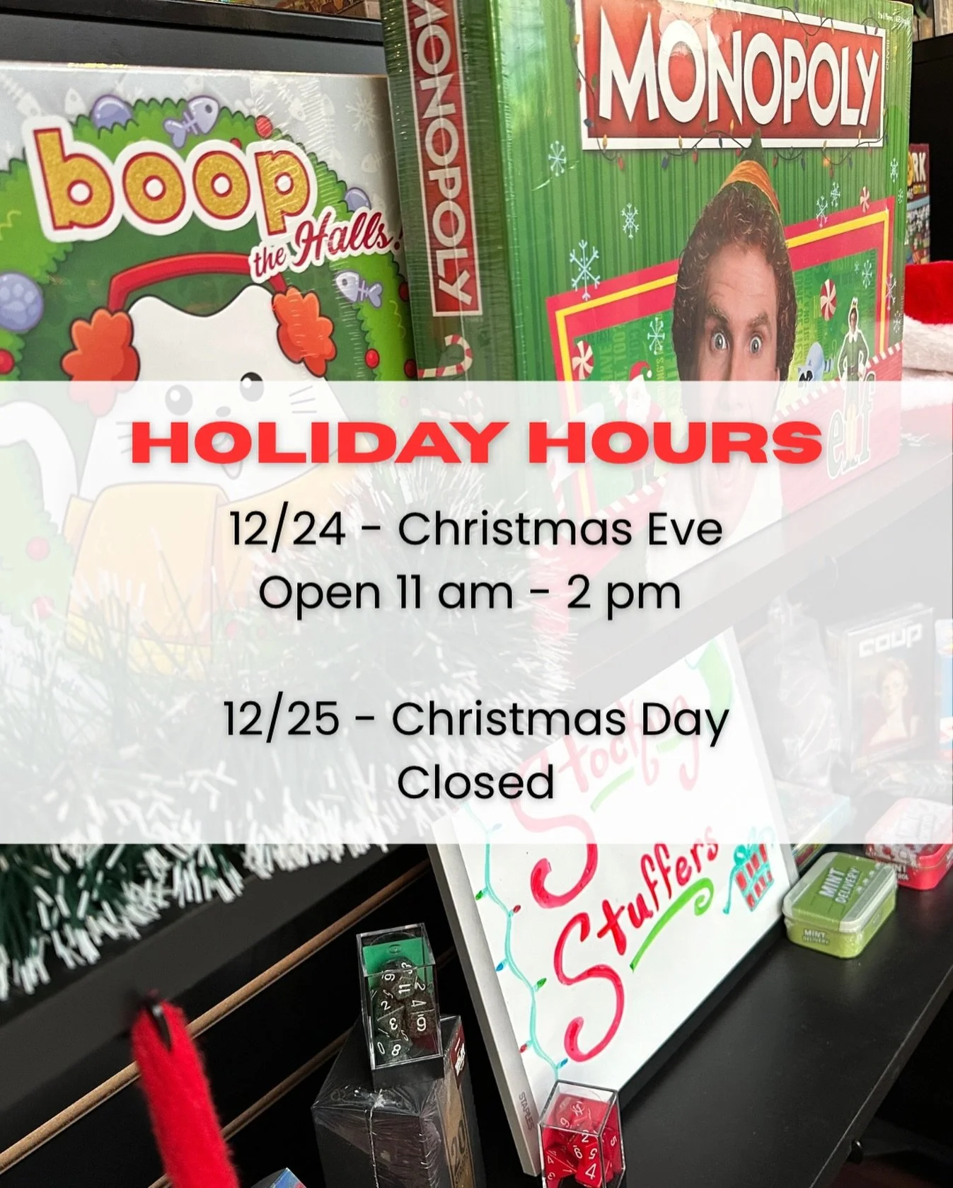 Holiday Hours Update 🎄
&bull;
&bull;
&bull;
For those who missed our weekly schedule yesterday, we&rsquo;re sharing our holiday hours as it&rsquo;s own post for those last minute shoppers.  Happy Holidays everyone! 🎁
&bull;
#holidayshoppingmadeeasy