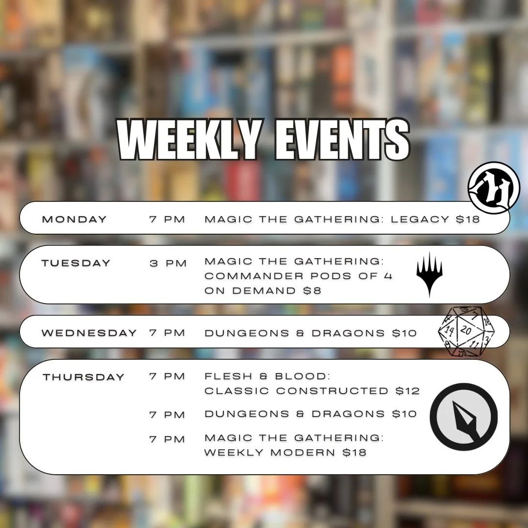 Weekly Schedule 2/16 - 2/22 🗓️
&bull;
&bull;
&bull;
Weekly schedule is live!  Modern is back on the menu and Sunday is our EDH Box League make up day for month 2. So if you missed out this Saturday, you can attend this Sunday.
&bull;
Also this Satur