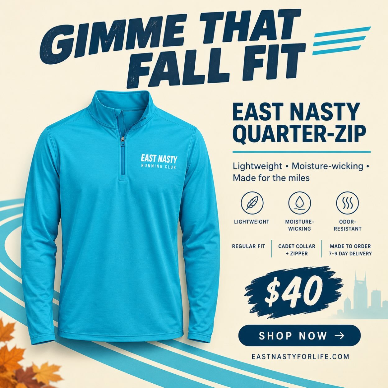 🍂 GIMME THAT FALL FIT. 🏃

Cool mornings. Easy miles. East Nasty style.

The lightweight quarter-zip is ready for your next run, post-run coffee, or everyday adventure.

💧 Moisture-wicking
🌬️ Lightweight &amp; odor-resistant
💙 East Nasty Running 