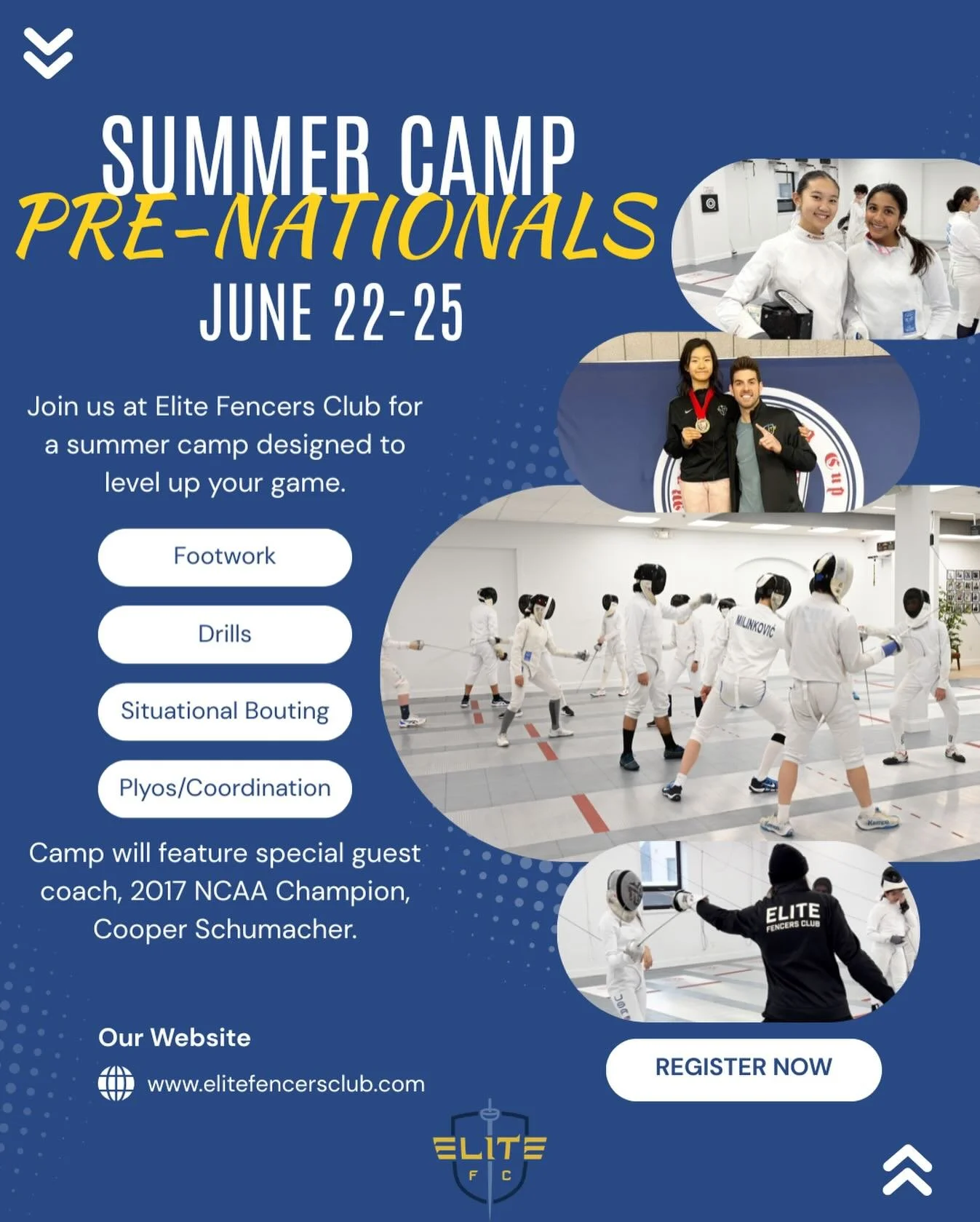 We are excited to announce our Pre-Nationals Summer Camp featuring 2017 NCAA Champion Cooper Schumacher!‼️

Join us at Elite Fencers Club for four intensive days of training designed to prepare you for success at Summer Nationals! We will cover a wid