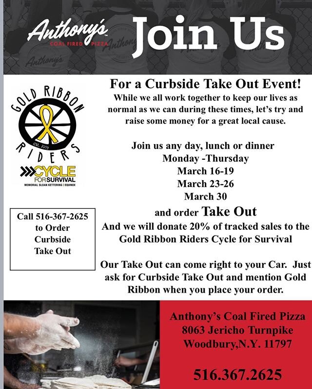 During these trying times - let&rsquo;s keep continuing to give back!! @anthonyscoalfiredpizza #woodbury #goldribbonriders #cancerthismeanswar