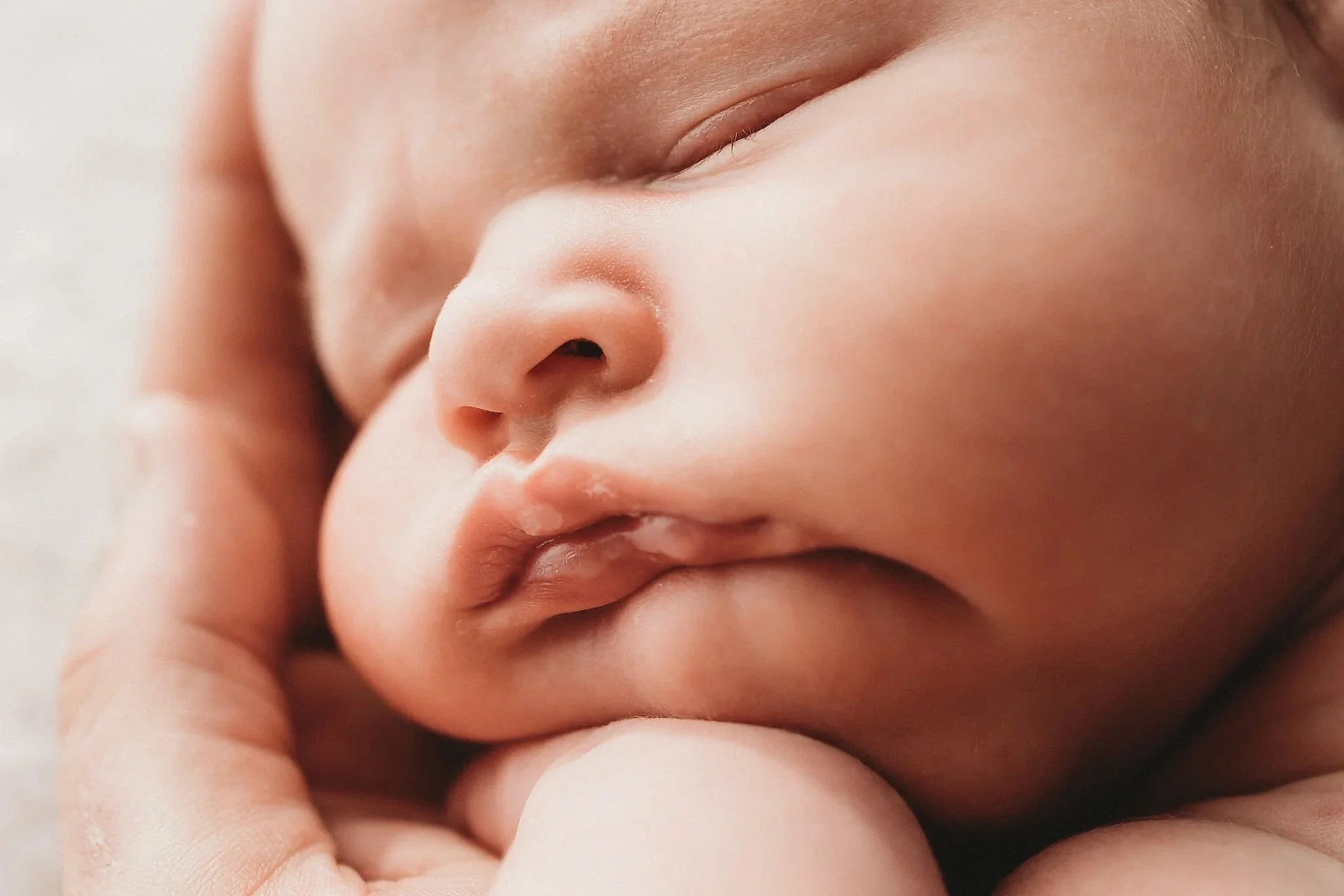 Baby's chunky cheek resting on her hand in this close up newborn photograph captured in the Wairarapa, New Zealand