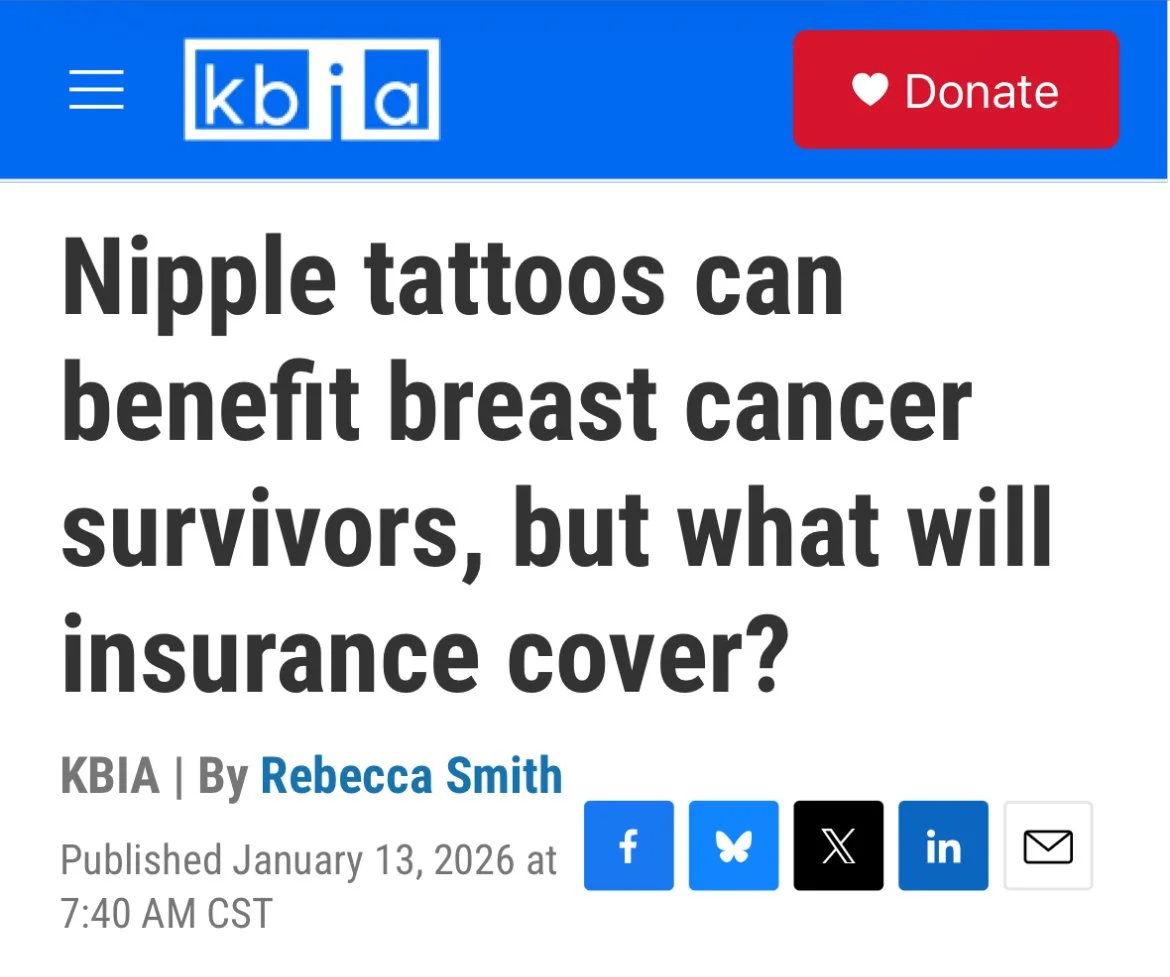 Screenshot of a KBIA news article titled 'Nipple tattoos can benefit breast cancer survivors, but what will insurance cover?' by Rebecca Smith, published on January 13, 2026.