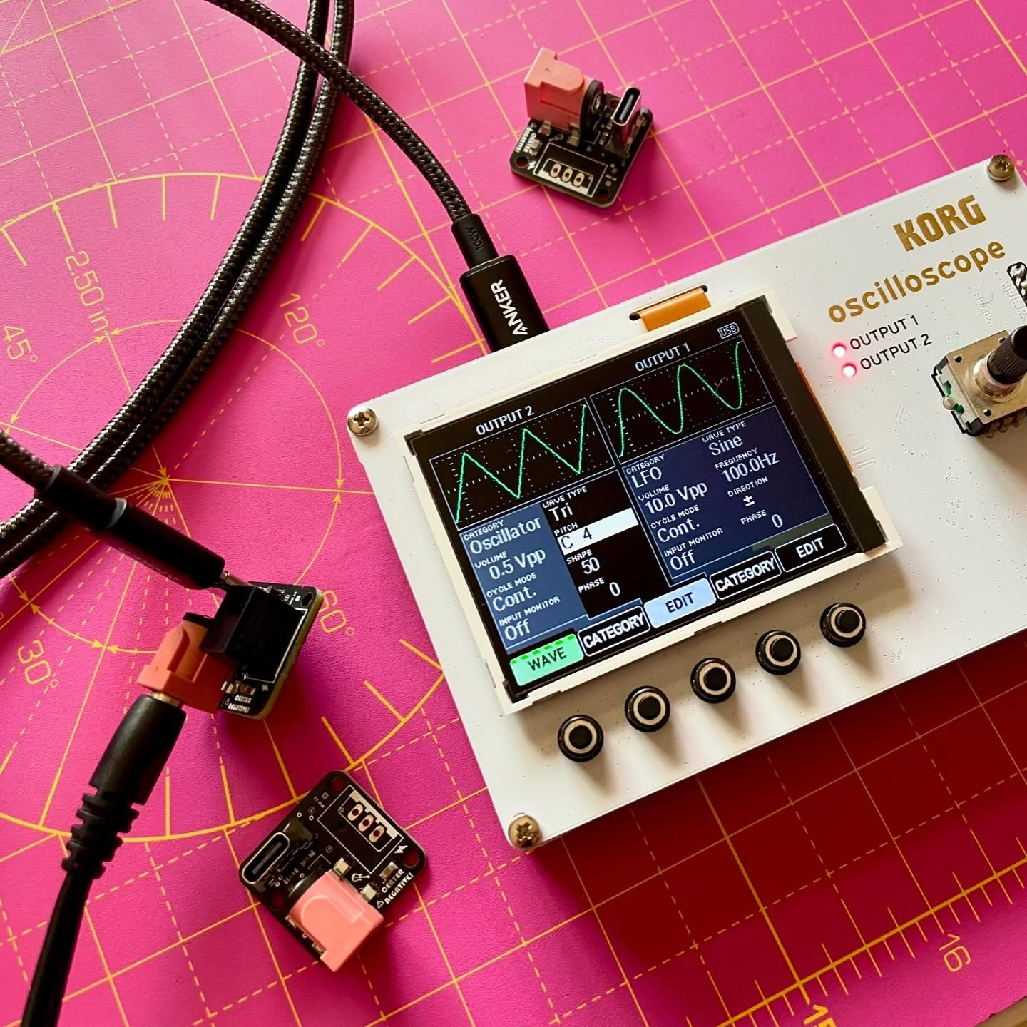 I had an idea to build a guitar pedal power adapter to USB-C breakout. The boards came in last night and they work 🎉 I&rsquo;m using a step down converter to bring the 9V to 5V. Now I can power random usb synths with my guitar pedal power brick on m