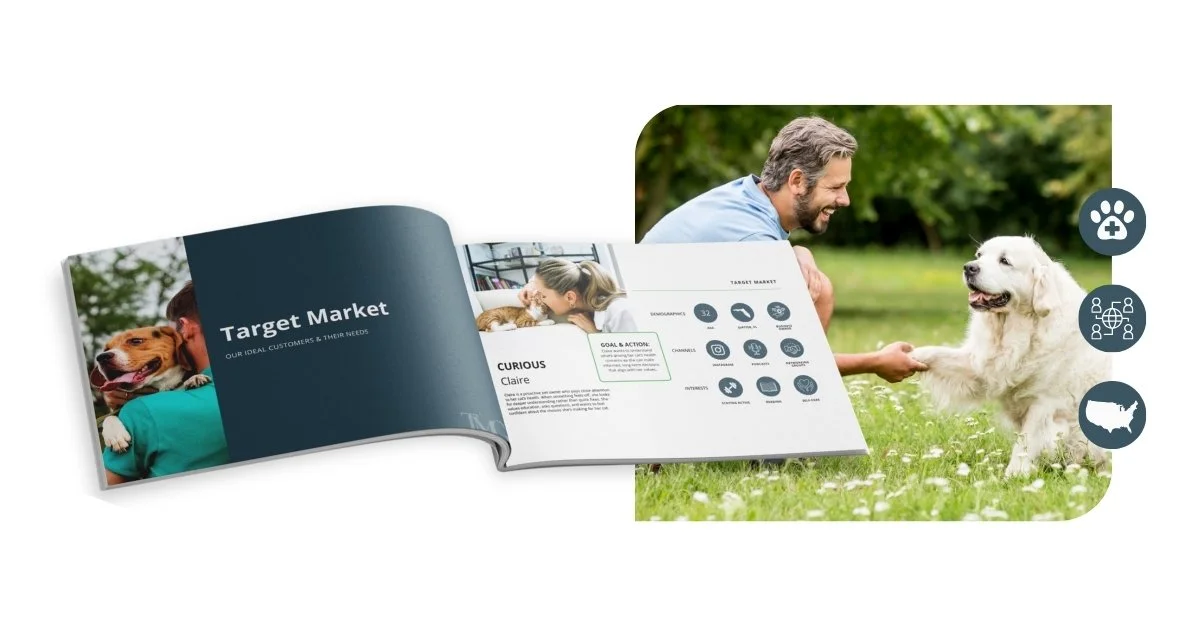  Portfolio mockup for a veterinary brand playbook showing an open hardcover book beside a lifestyle photo. The book's left cover reads "Target Market: Our Ideal Customers and Their Needs" with a dog photo. The right interior spread shows a customer p