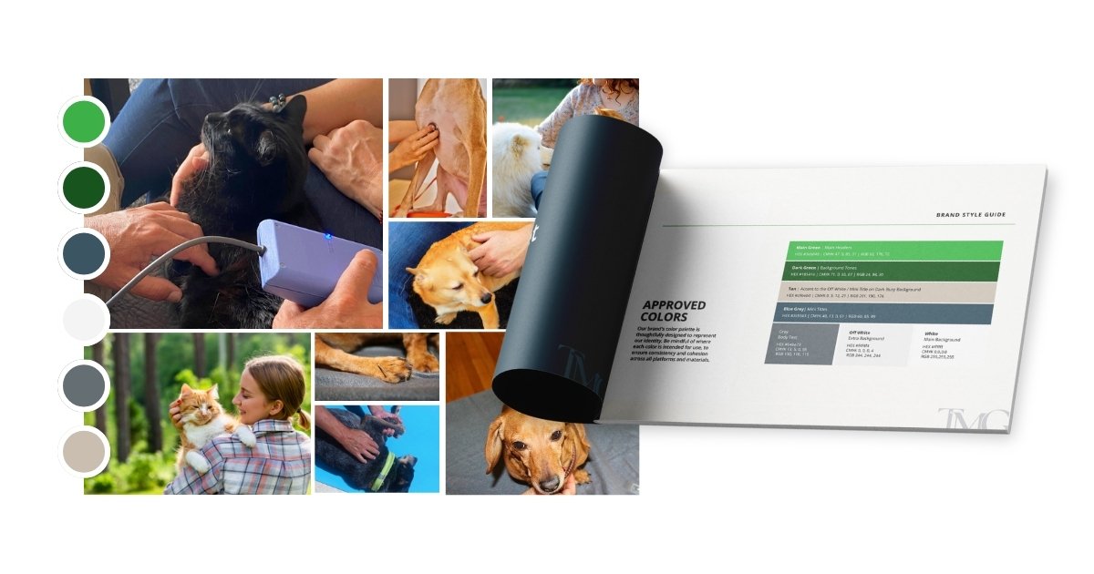  Portfolio mockup for a veterinary brand showing a photo collage of pets and owners alongside a rolled brand style guide booklet. The photo collage includes images of cats, dogs, and a person using a pet care device. To the left are circular color sw