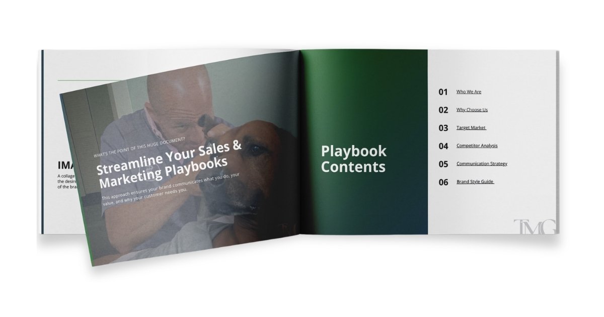  Portfolio mockup showing an open brand playbook for a veterinary company. The left page features a dark cover overlay with the headline "Streamline Your Sales and Marketing Playbooks" over a photo of a man with a dog. The right page shows a table of