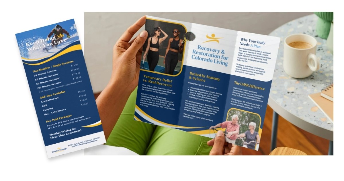  Portfolio mockup showing two print pieces for Littleton Massage and Sports Recovery. On the left is a narrow rack card with a blue and gold color scheme featuring a skier photo and the headline "Keep Doing What You Love," with a pricing menu for mas