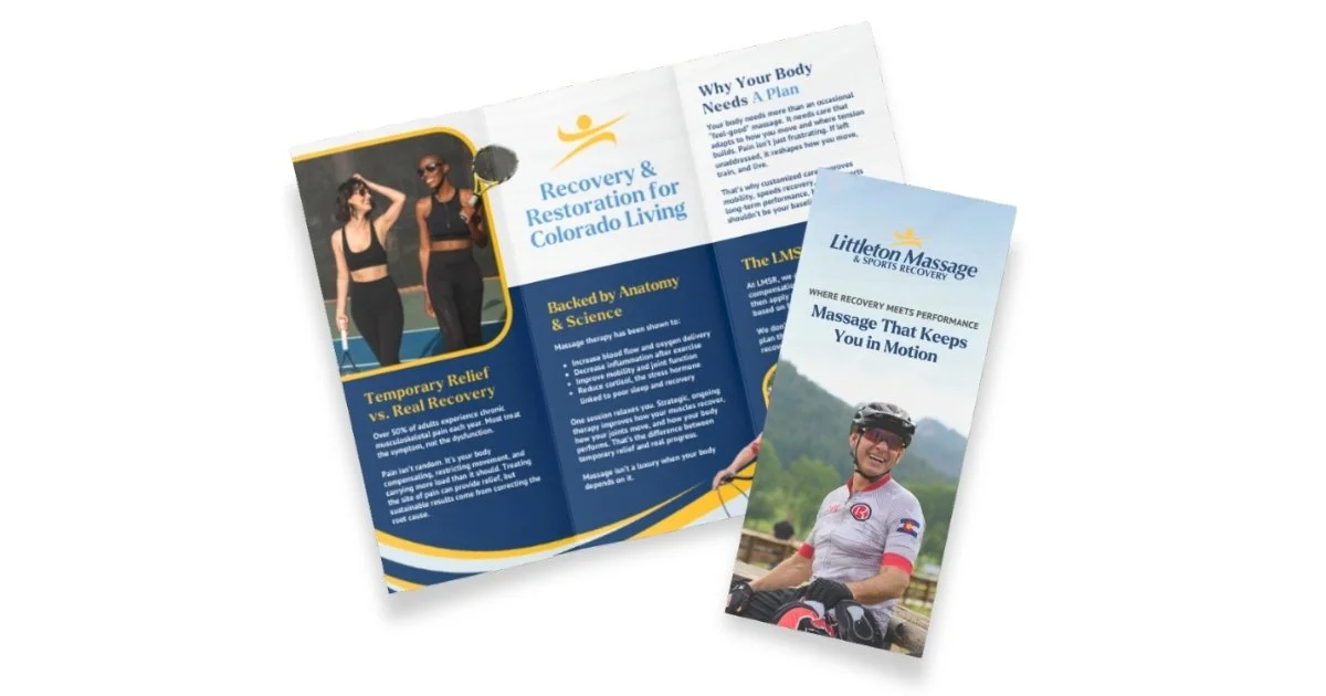 Portfolio mockup showing the Littleton Massage and Sports Recovery trifold brochure laid flat and slightly fanned open. The interior panels are visible with sections titled "Temporary Relief vs. Real Recovery," "Recovery and Restoration for Colorado