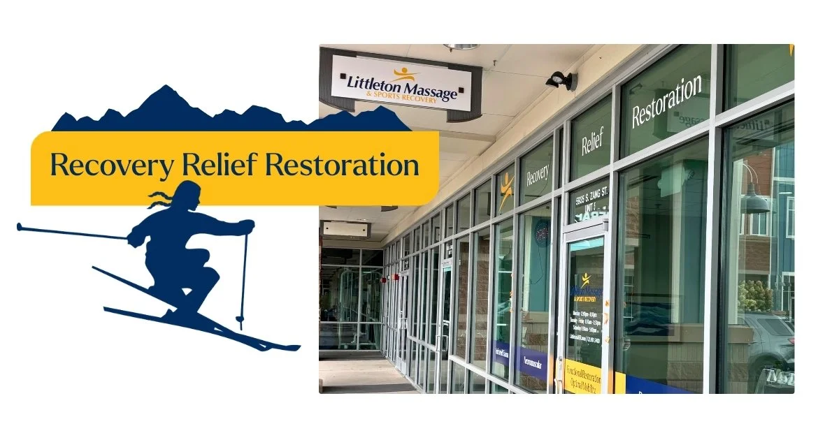  Portfolio mockup showing two design pieces for Littleton Massage and Sports Recovery. On the left is a window decal graphic featuring a navy blue mountain silhouette, a yellow banner with the text "Recovery Relief Restoration," and a silhouette of a