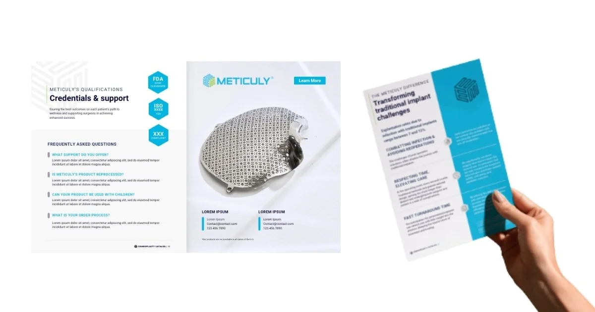 Portfolio mockup showing three print design pieces for Meticuly, a medical implant company. On the left is an interior catalog spread featuring a credentials and FAQ section. In the center is a product catalog page showing a 3D-printed titanium cran