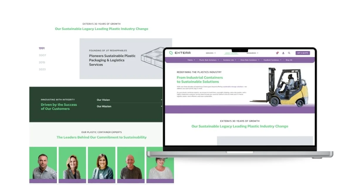  Portfolio mockup for Extera, a sustainable plastics manufacturing company, showing a laptop displaying the homepage alongside two background layout panels. The homepage features a purple and green color scheme with a forklift image and the headline 