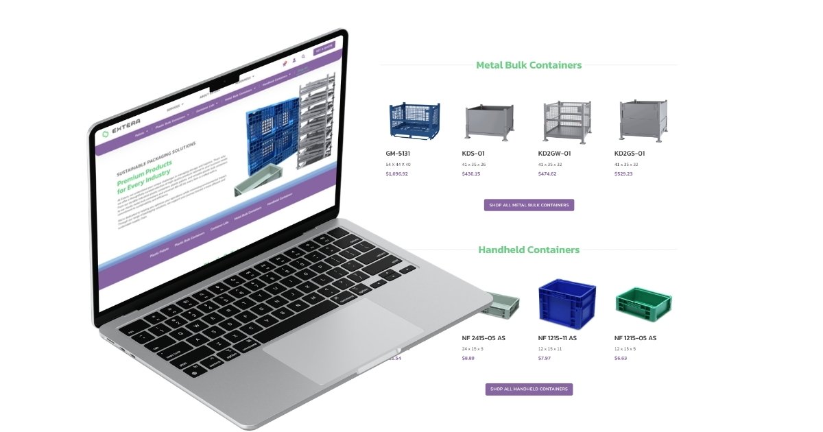  Portfolio mockup for Extera showing a laptop displaying the product homepage alongside a zoomed-in view of two product category sections. The Metal Bulk Containers section shows four industrial metal cage products with model numbers and pricing. The