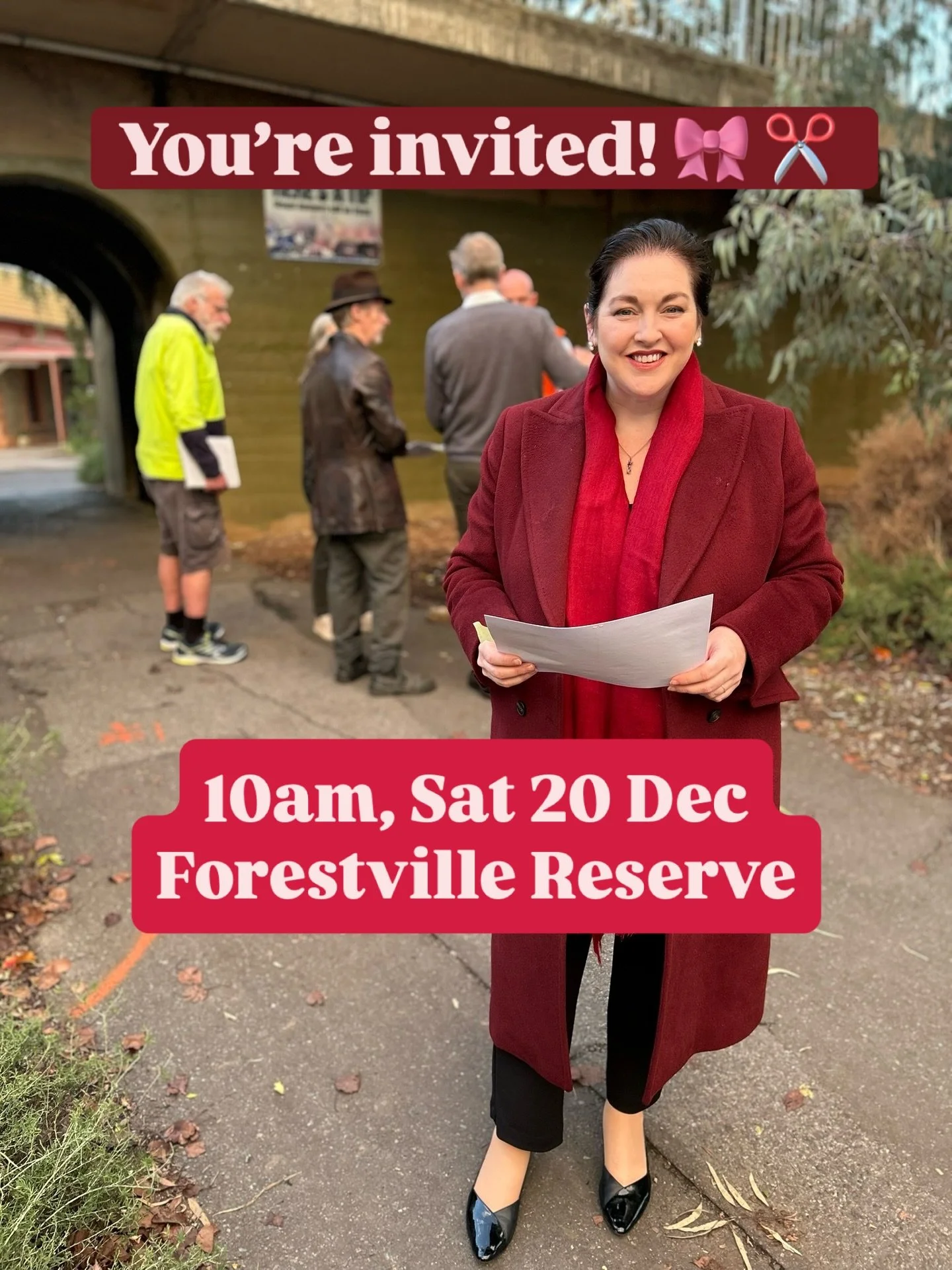 At Forestville Reserve this Saturday at 10am, I&rsquo;ll be cutting the ribbon ✂️ 🎀 to open the first of the new archways under the tram line.

The wider archways mean better sightlines and improved safety for cyclists, pedestrians, prams and wheelc