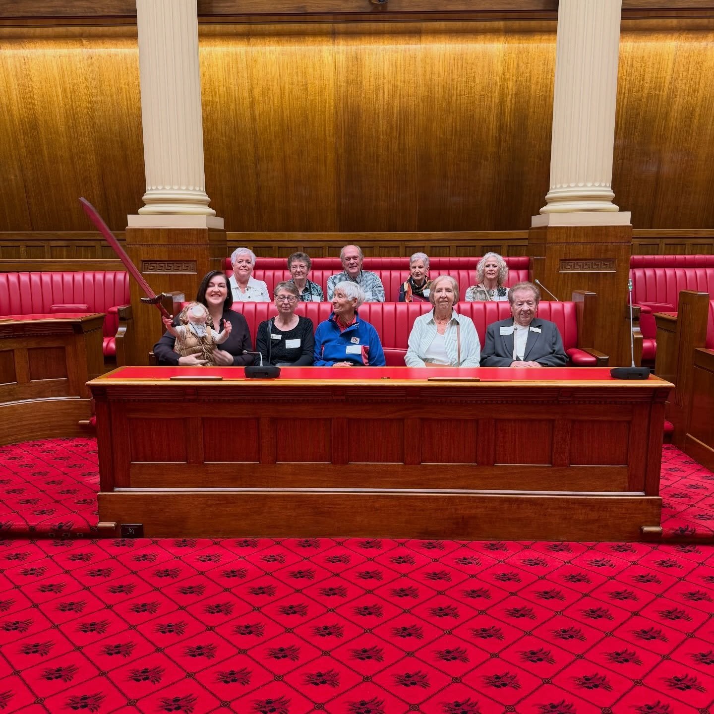 Great to show the Edwardstown Probus Club around Parliament.

Thanks to @robsimms84 who got roped into explaining the operation of the Legislative Council &hellip; and Quinn who used the prop sword 🗡️ to help me demonstrate how the Westminster blood
