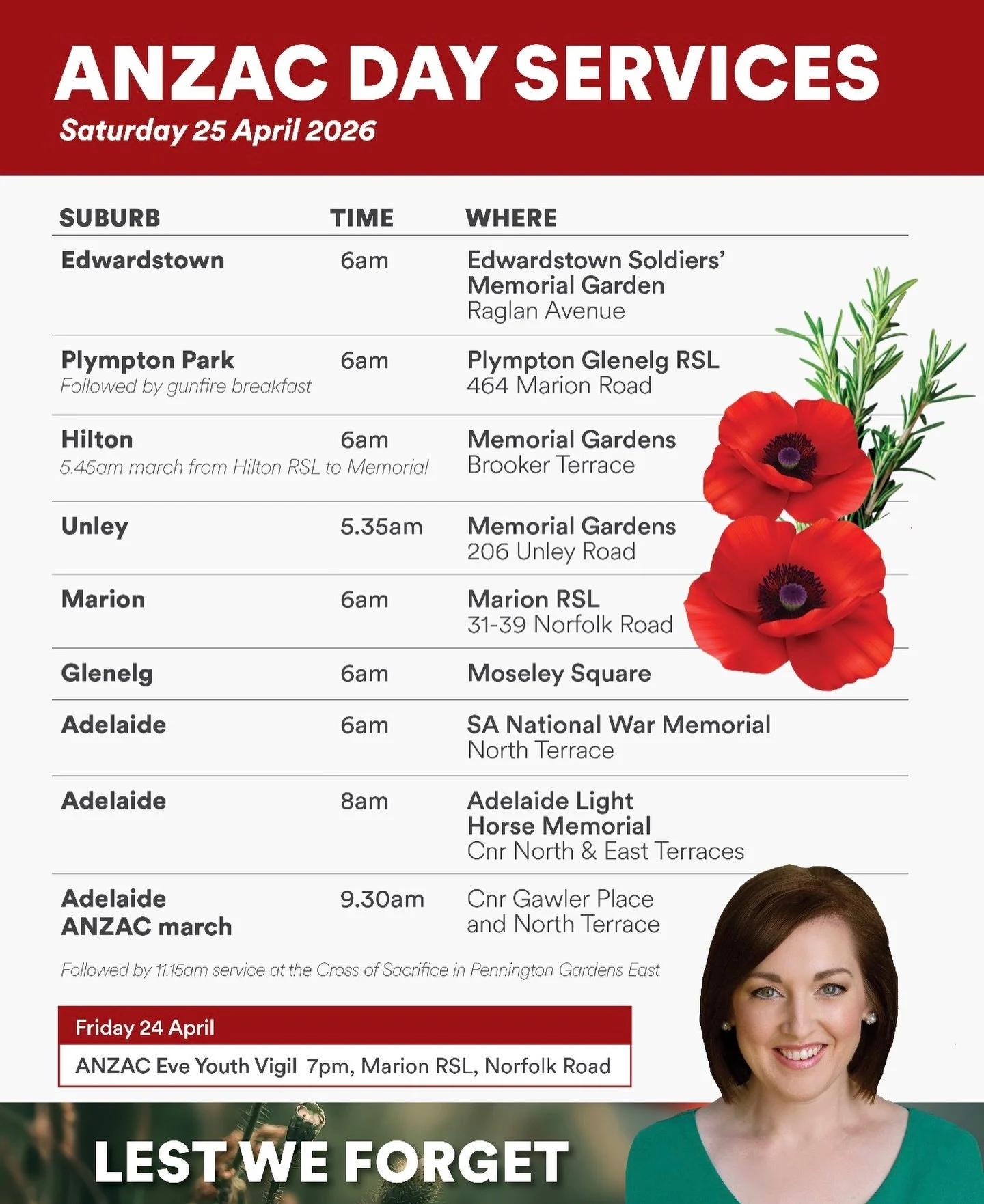 If you live in Adelaide&rsquo;s inner south west, there&rsquo;s an ANZAC service near you. There&rsquo;s also a variety of times that they are held, giving you and your family every chance to show thanks to our servicemen and women. Lest We Forget 🌺