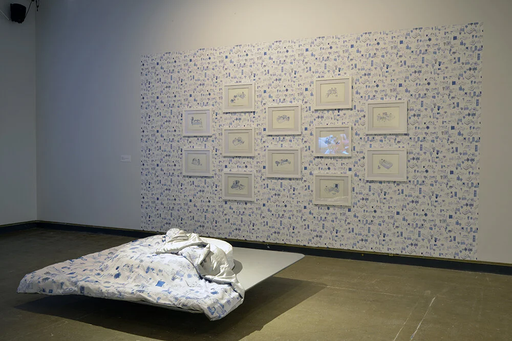 Cindy Baker, Crash Pad, 2019. installation (Fiberglas, wallpaper, and assorted textiles) and prints (series of 20). Courtesy of dc3 Art Projects. Photo by Don Hall.