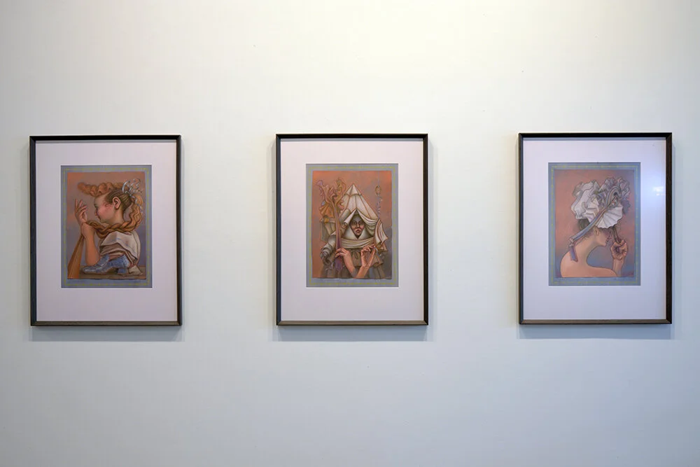 Daniel Barrow, Frizzy 2019, The Novitiate 2019, Broken Stalk 2019, chalk pastel and archival marker on paper. Collection of the Artist. Photo by Don Hall.