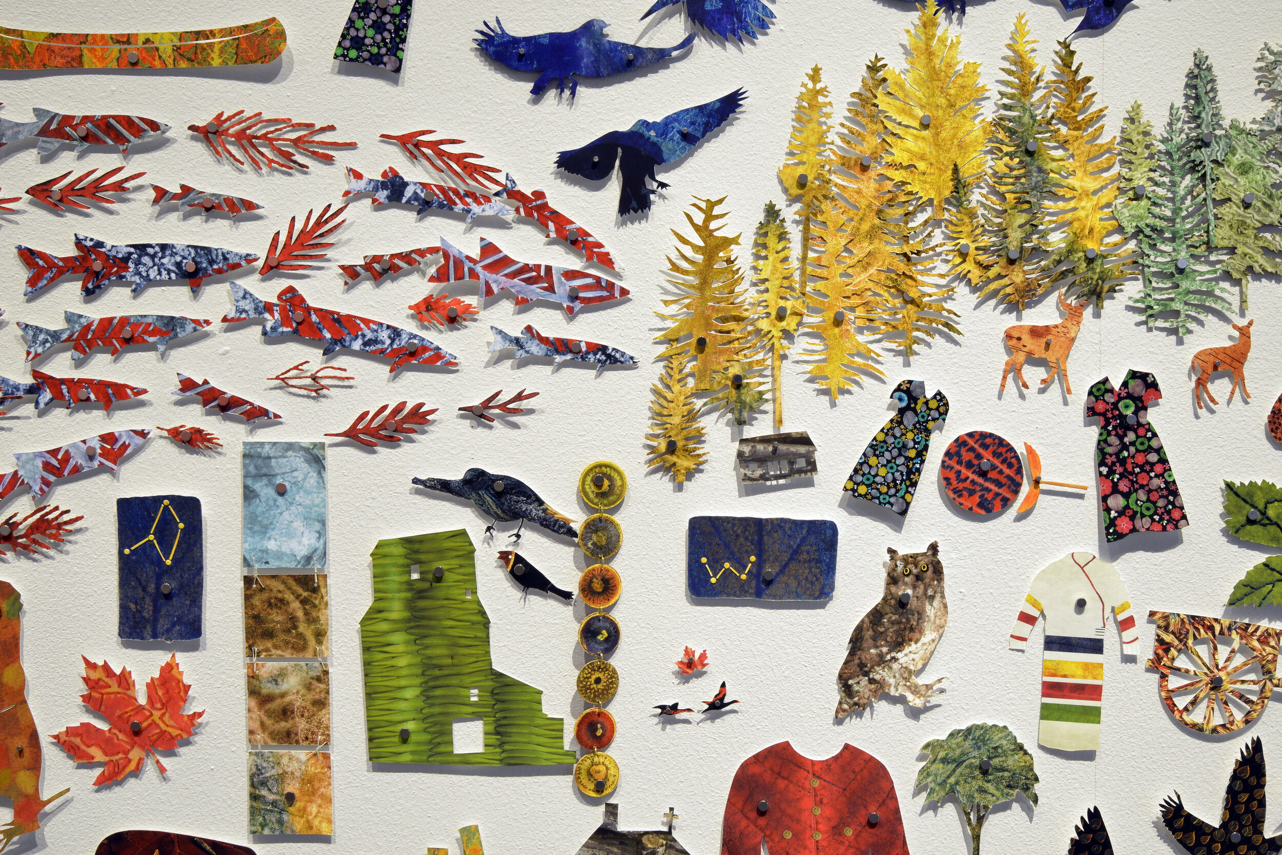  Daphne Boyer,  Kahkeeyow mee zhawn, All my Relations, Toutes mes relations (detail),  2018, collage of printed forms cut from artist's archived works, magnets.    