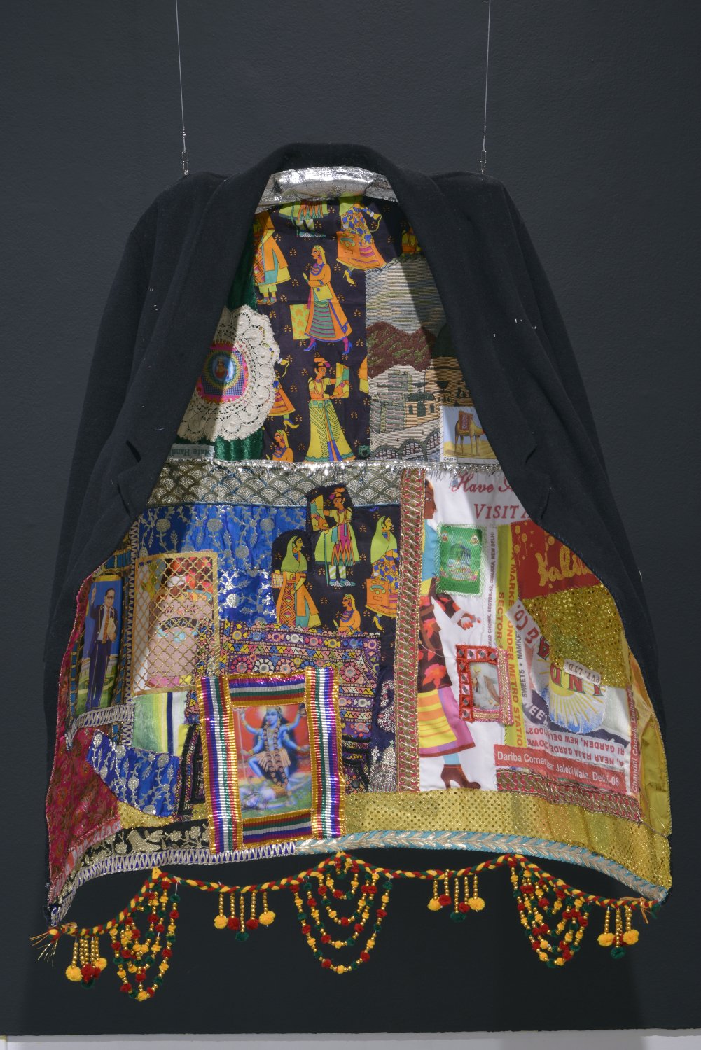  Meera Sethi,  Visit Again, (Outerwhere Series) , 2022, mixed media on found coat. Collection of the Artist  