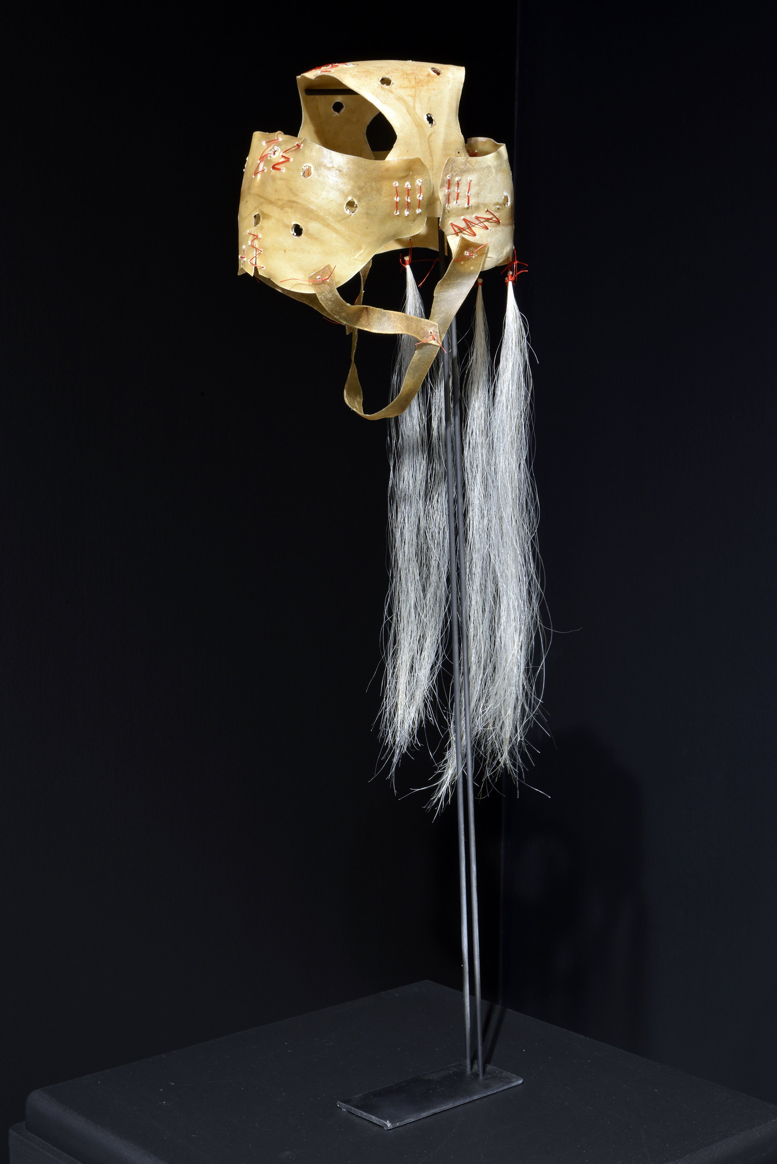 Kevin McKenzie, Untitled (Hockey helmet), elk rawhide, sinew, horsehair, 2021 .