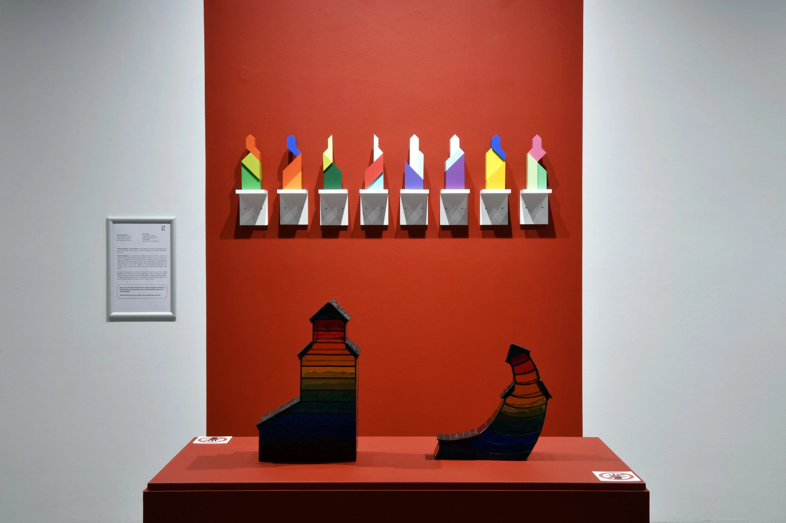  Ronald Kostyniuk,  Prairie Giant A-J Saskatchewan Road Map Series , 2005, spray enamel on MDF. Collection of RPL Permanent Collection. (Top.)  Jerry Didur,  Crystal Sentinel , 1994, stained glass. Collection of SK Arts Permanent Collection. (Bottom 