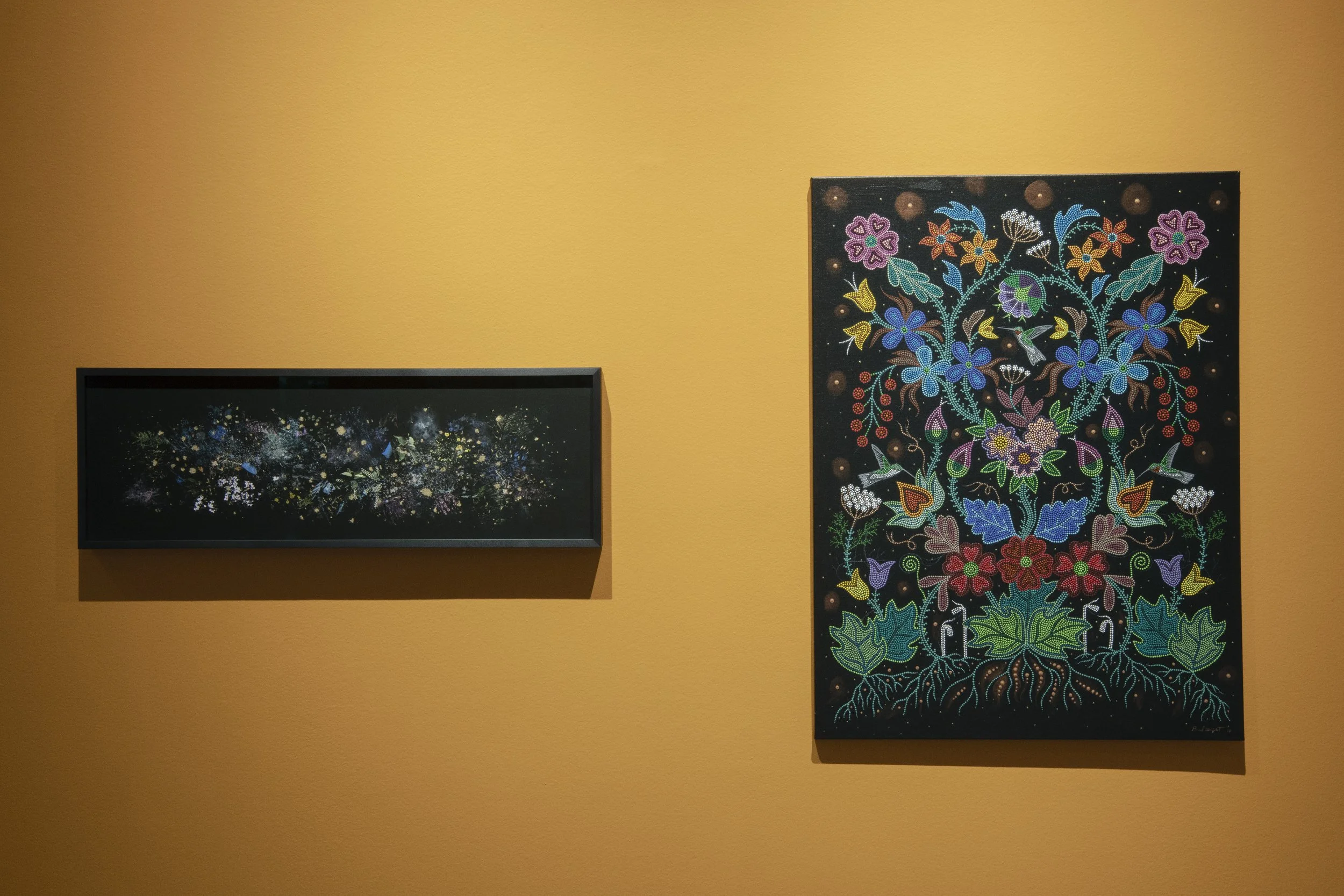  Gabriela García-Luna,  Gran Nube - Spark , 2023, photographic digital collage, archival ink on paper on birch, gold leaf (V.E. 1 of 5). Collection of SK Arts Permanent Collection. (Left.)  Christi Belcourt,  Untitled , 2016, acrylic on canvas. Colle